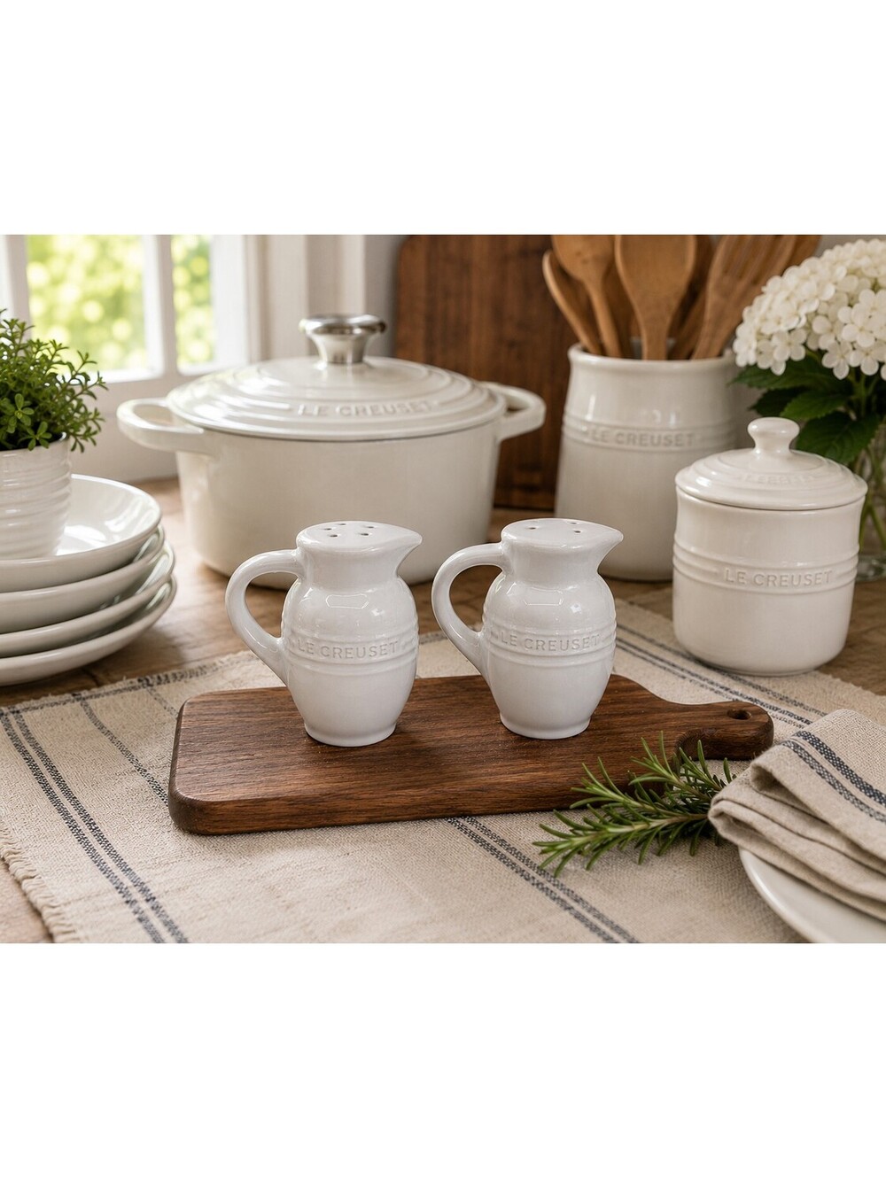 Le Creuset White Stoneware Mini Pitcher Salt & Pepper Shakers Set